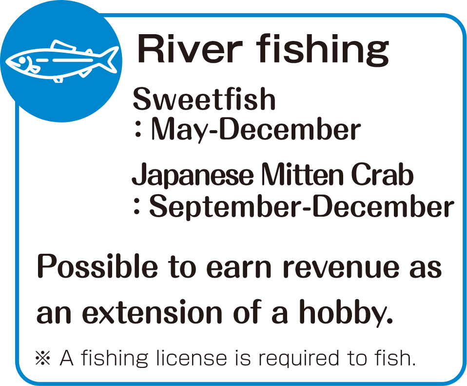 River fishing　Sweetfish: May-December,  Japanese Mitten Crab: September-December　Possible to earn revenue as an extension of a hobby.　※ A fishing license is required to fish.